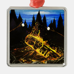 Gemütliches Lagerfeuer Sonnenuntergang Wald Outdoo Ornament Aus Metall
