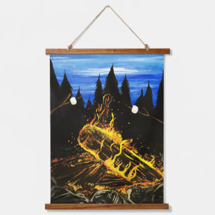 Gemütliches Lagerfeuer Sonnenuntergang Wald Outdoo Wandteppich Mit Holzrahmen