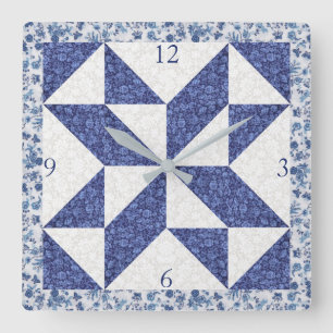 Gemütliches Land Blau Weiß Calico Falsches Quiltqu Quadratische Wanduhr