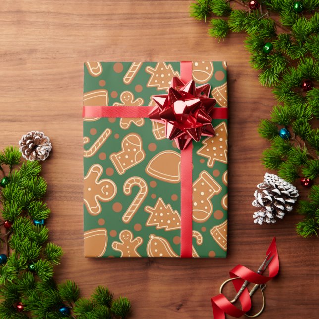 Gemütliches Lebkuchen Weihnachten Dunkelgrün nahtl Geschenkpapier (Feiertagsgeschenk)