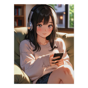 Gemütliches Lofi Anime Mädchen Kopfhörer Chill Vib Poster