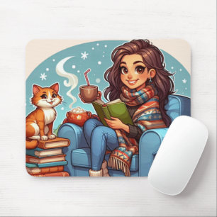 Gemütliches Mädchen: heißes Getränk & Favoritenwer Mousepad
