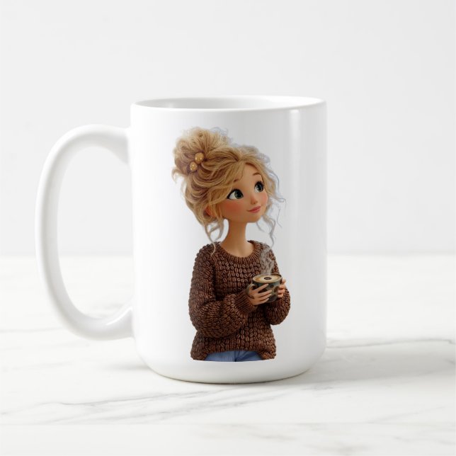 Gemütliches Mädchen im Kaffeebohnenpullover Mug Kaffeetasse (Links)