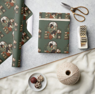 Gemütliches Mädchen Kaffee Bücher Regentage Vintag Geschenkpapier