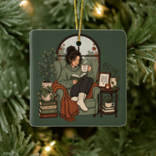 Gemütliches Mädchen Kaffee Bücher Regentage Vintag Keramikornament