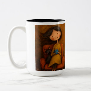 Gemütliches Mädchen mit schwarzer Katze und Kaffee Zweifarbige Tasse