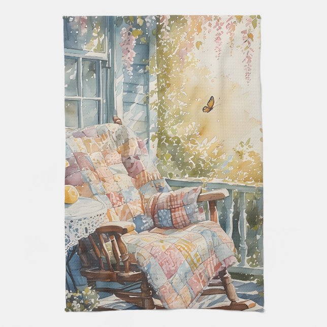 Gemütliches Porch mit Quilt und Limonade-Charme Geschirrtuch (Vertikal)