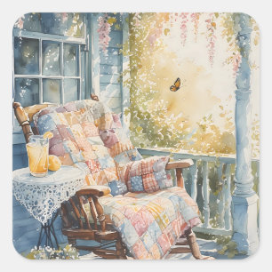 Gemütliches Porch mit Quilt und Limonade-Charme Quadratischer Aufkleber