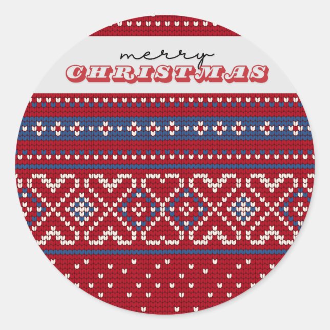 Gemütliches Red & Blue Sweater Frohe Weihnachten Runder Aufkleber (Vorderseite)