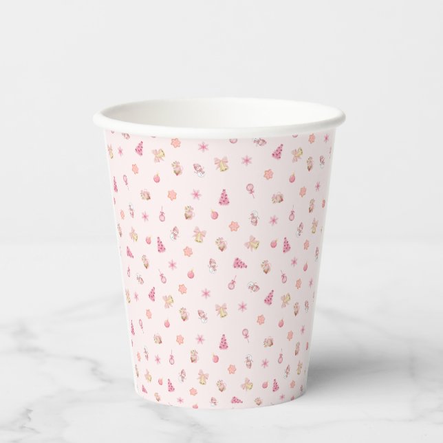 Gemütliches rosa Weihnachtsmuster Pappbecher (Vorderseite)