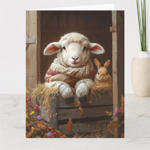Gemütliches Schaf und Kaninchen im Stall mit Blume Karte