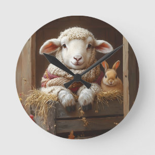 Gemütliches Schaf und Kaninchen im Stall mit Blume Runde Wanduhr
