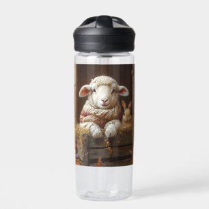 Gemütliches Schaf und Kaninchen im Stall mit Blume Trinkflasche
