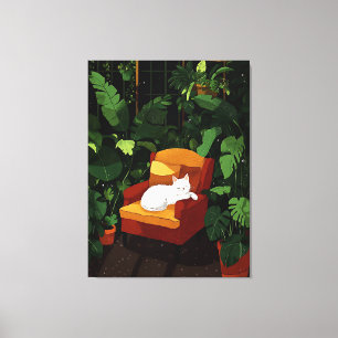 Gemütliches Schlafen, White Cat Illustration Art Leinwanddruck