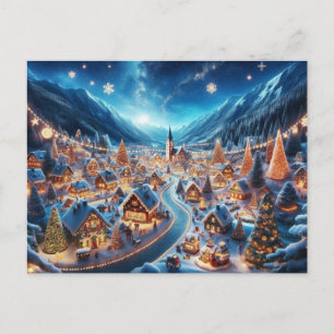 Gemütliches schneebedecktes Weihnachtsdorf bei Nac Postkarte