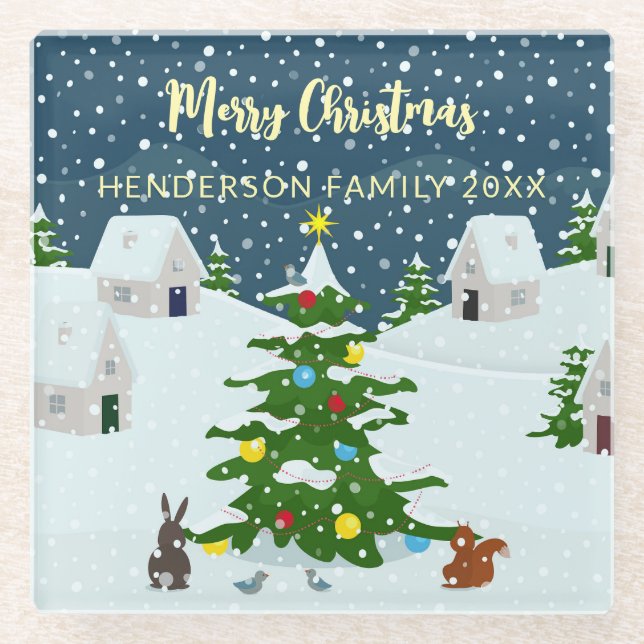 Gemütliches schneefreies Retro Weihnachtsdorf Glasuntersetzer (Vorderseite)