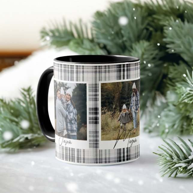 Gemütliches Schwarz-Weiß-Kariertes Gewebe Fotos Tasse (Cozy Black and White Plaid fabric Family Photos Mug)
