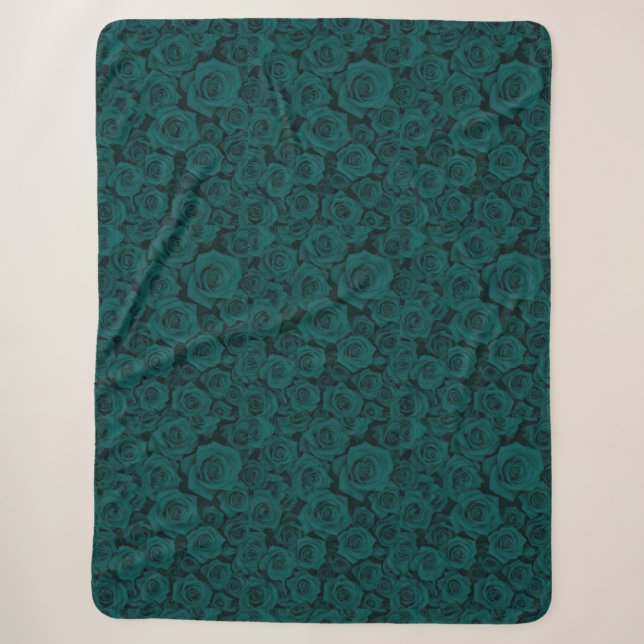 Gemütliches Smaragdgrünes Rose Print Sherpa Blanke Sherpadecke (Vorderseite)