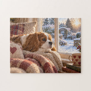 Gemütliches Spaniel-Winterfenster-Szenendesign