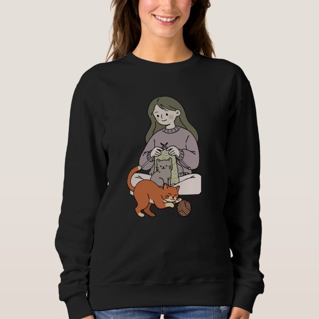 Gemütliches Strickmädchen mit süßen Katzen Kunst Sweatshirt (Vorderseite)