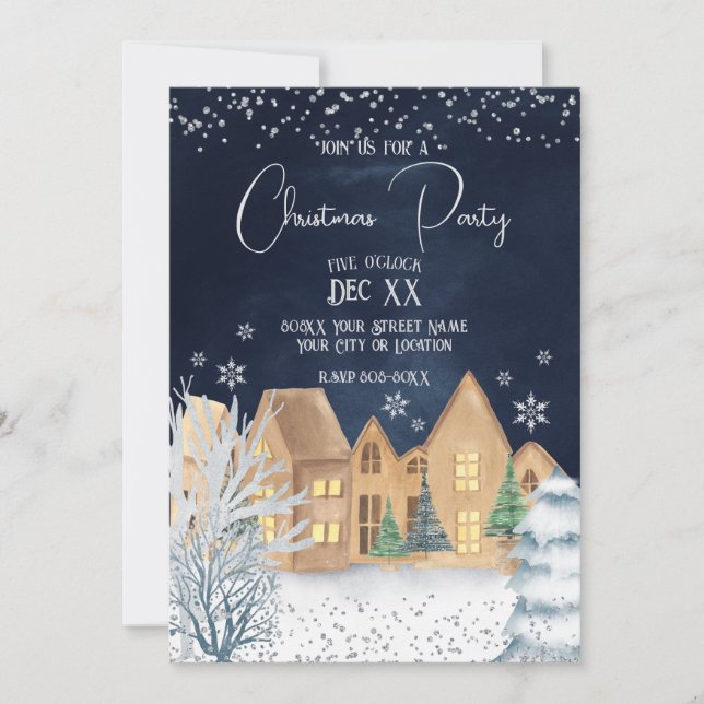 Gemütliches Watercolor Winterdorf Weihnachten Part Einladung (Vorderseite)