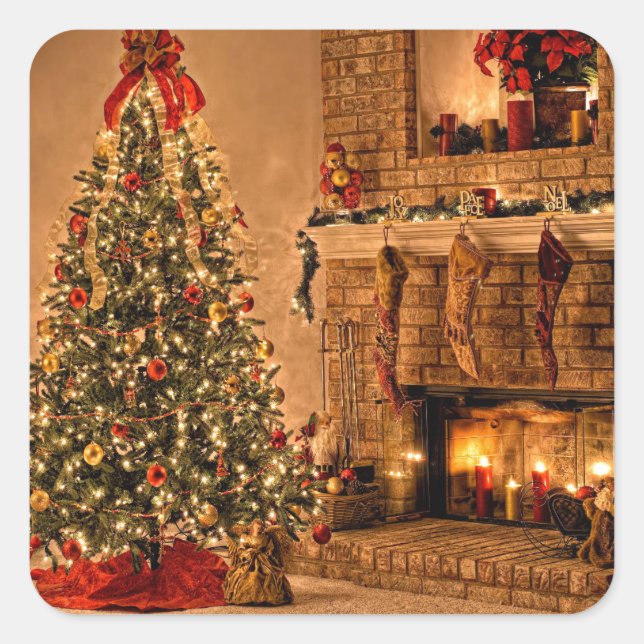 Gemütliches Weihnachtsbaumzimmer Quadratischer Aufkleber (Vorderseite)
