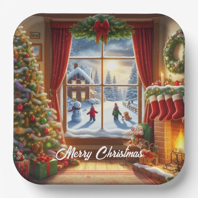 Gemütliches Weihnachtsfenster Pappteller (Vorderseite)