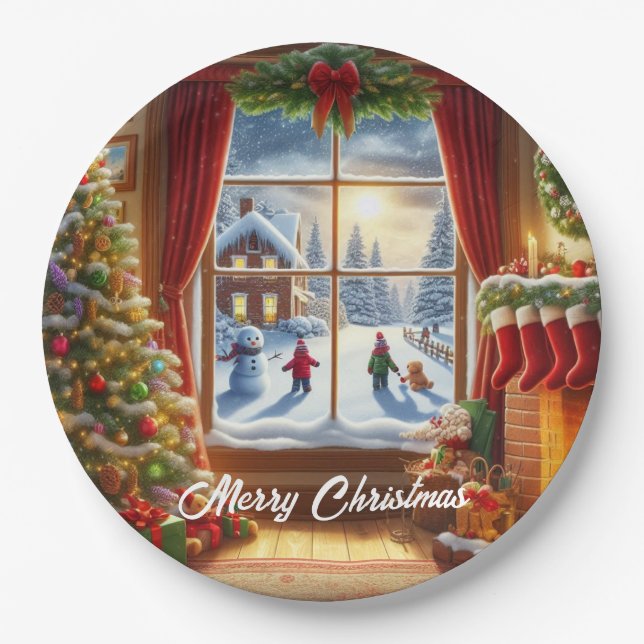 Gemütliches Weihnachtsfenster Pappteller (Vorderseite)