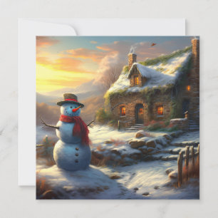 Gemütliches Weihnachtshäuschen & Schneemann Wint Feiertagskarte