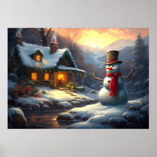 Gemütliches Weihnachtshäuschen & Schneemann Wint Poster