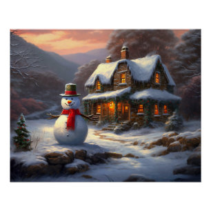 Gemütliches Weihnachtshäuschen & Schneemann   Wint Poster
