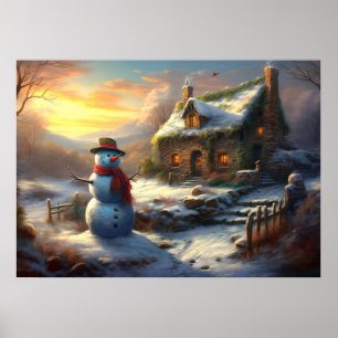 Gemütliches Weihnachtshäuschen & Schneemann Wint Poster