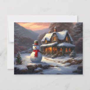 Gemütliches Weihnachtshäuschen & Schneemann   Wint Postkarte