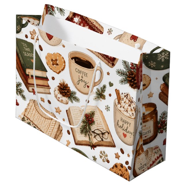 Gemütliches Weihnachtskaffee-Wintermuster  Große Geschenktüte (Vorderseite Schrägansicht)