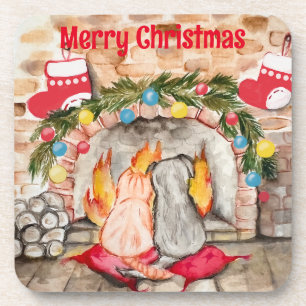 Gemütliches Weihnachtsmantel mit Hund und Katze Getränkeuntersetzer