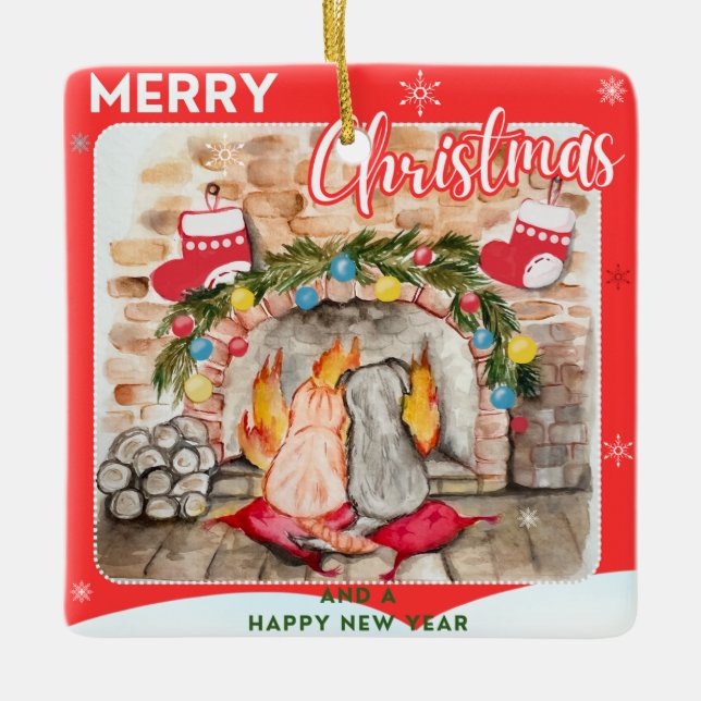 Gemütliches Weihnachtsmantel mit Hund und Katze Keramikornament (Vorderseite)