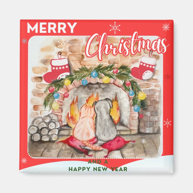 Gemütliches Weihnachtsmantel mit Hund und Katze Magnet (Vorne)