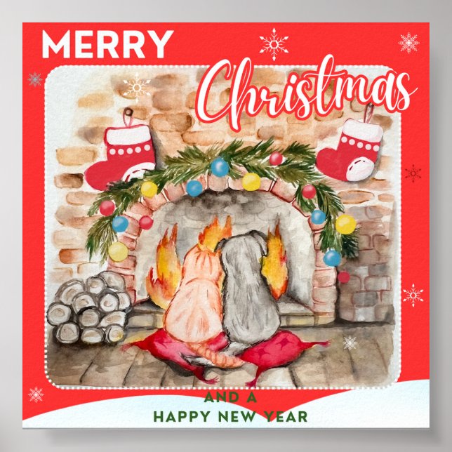 Gemütliches Weihnachtsmantel mit Hund und Katze Poster (Vorne)