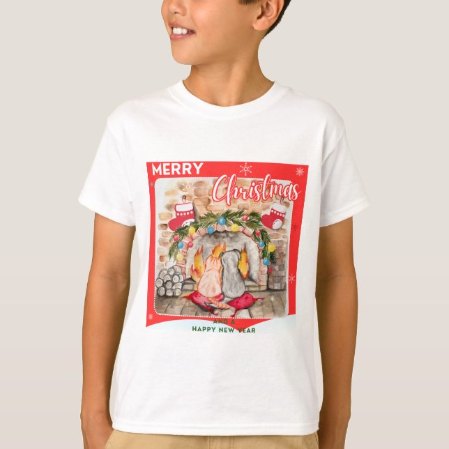 Gemütliches Weihnachtsmantel mit Hund und Katze T-Shirt (Vorderseite)