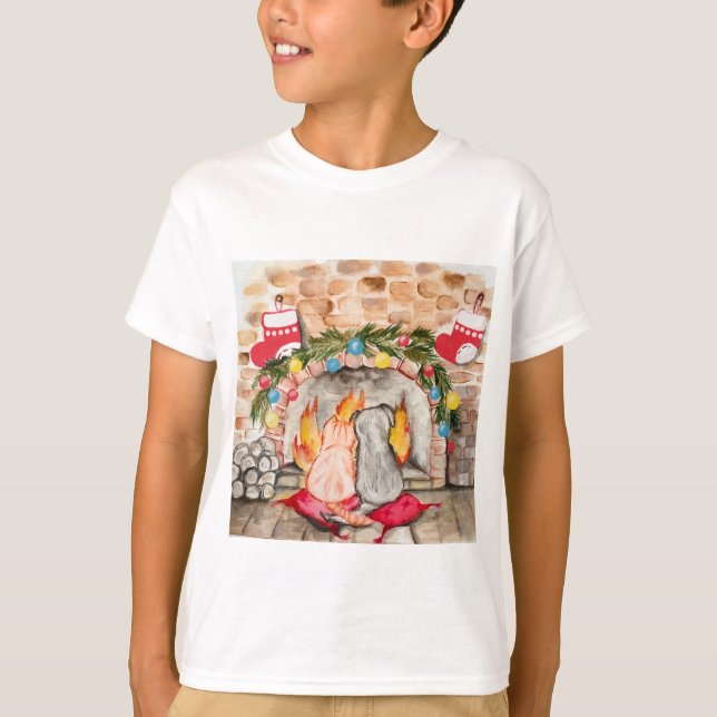 Gemütliches Weihnachtsmantel mit Hund und Katze T-Shirt (Vorderseite)
