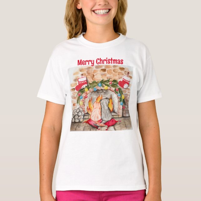 Gemütliches Weihnachtsmantel mit Hund und Katze T-Shirt (Vorderseite)