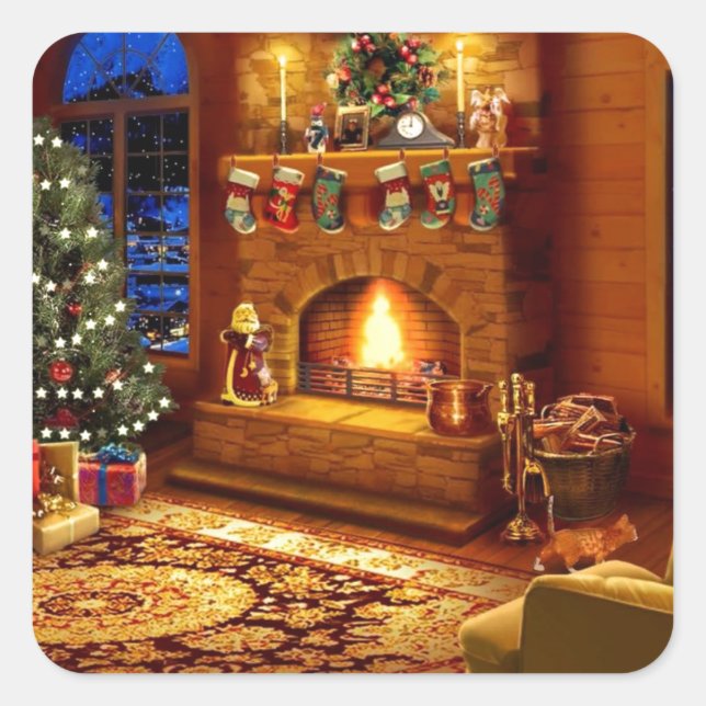 Gemütliches Weihnachtswohnzimmer Quadratischer Aufkleber (Vorderseite)