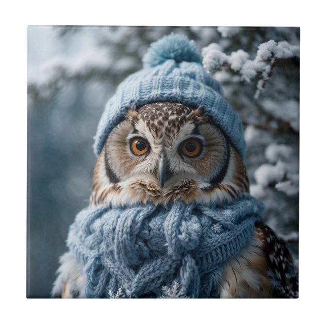 Gemütliches Whimsisches Winter Wonderland Owl Fliese (Vorderseite)