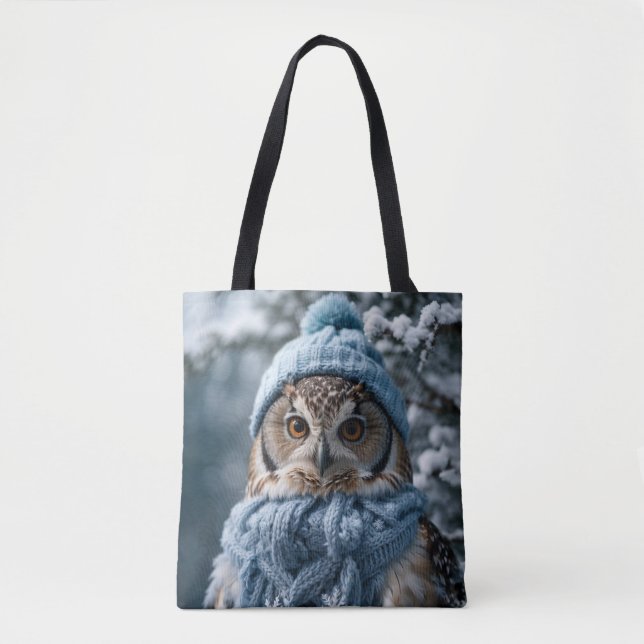 Gemütliches Whimsisches Winter Wonderland Owl Tasche (Vorderseite)