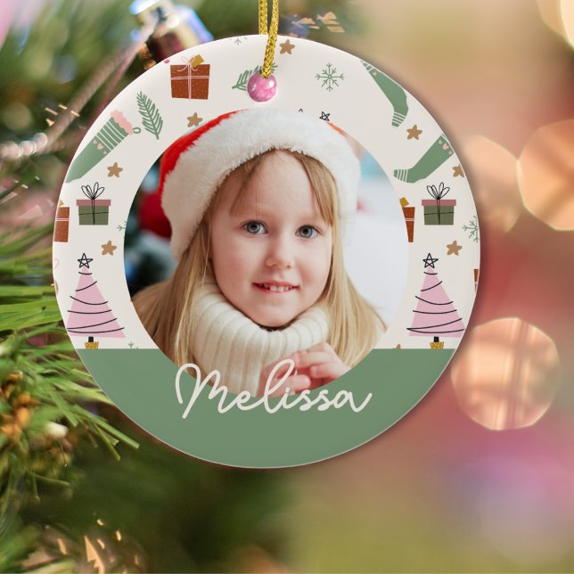 Gemütliches Winter Pink Grün Weihnachtsfest Foto Keramik Ornament (Von Creator hochgeladen)