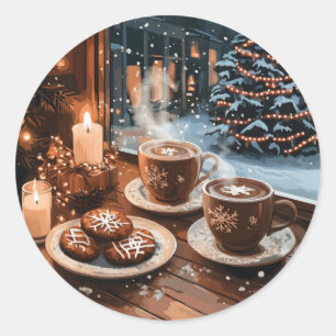 Gemütliches Wintercafé mit heißem Kakao und Keksen Runder Aufkleber