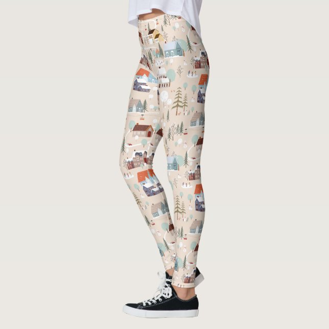Gemütliches Winterdorf-Szenenmuster Leggings (Links)