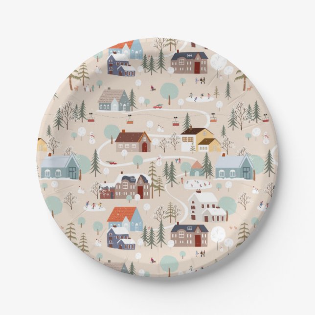 Gemütliches Winterdorf-Szenenmuster Pappteller (Vorderseite)