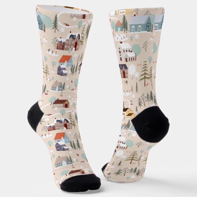 Gemütliches Winterdorf-Szenenmuster Socken (Gewinkelt)