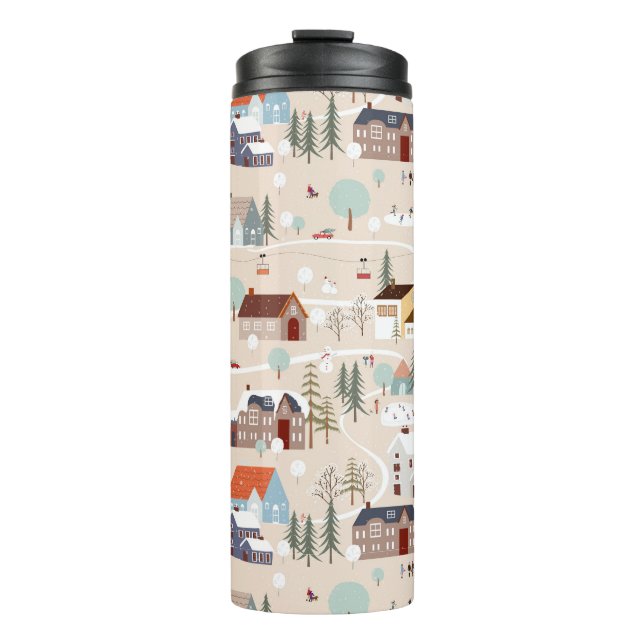 Gemütliches Winterdorf-Szenenmuster Thermosbecher (Vorderseite)